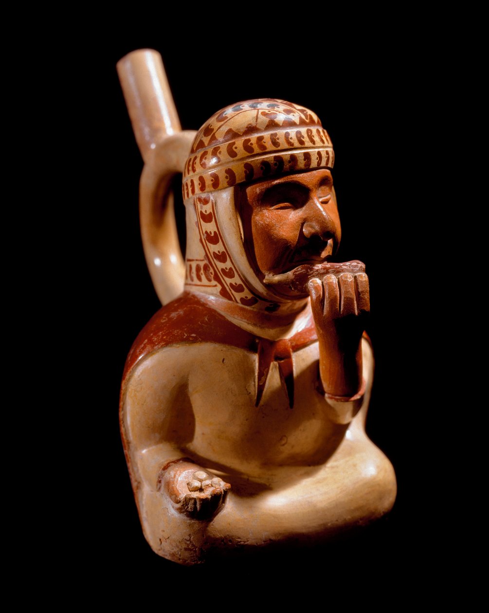 الفن ما قبل الكولومبي ، حضارة Mochique (القبيح ، Mochica): إناء مجسم يمثل شحاذًا أعمى يعزف على آلة موسيقية (الفلوت؟). 200 ق.م - 700 م. ليما ، المتحف الوطني للأنثروبولوجيا وعلم الآثار ، بيرو - الفن ما قبل الكولومبي ، Moche Cultu بواسطة موتشي موتشي