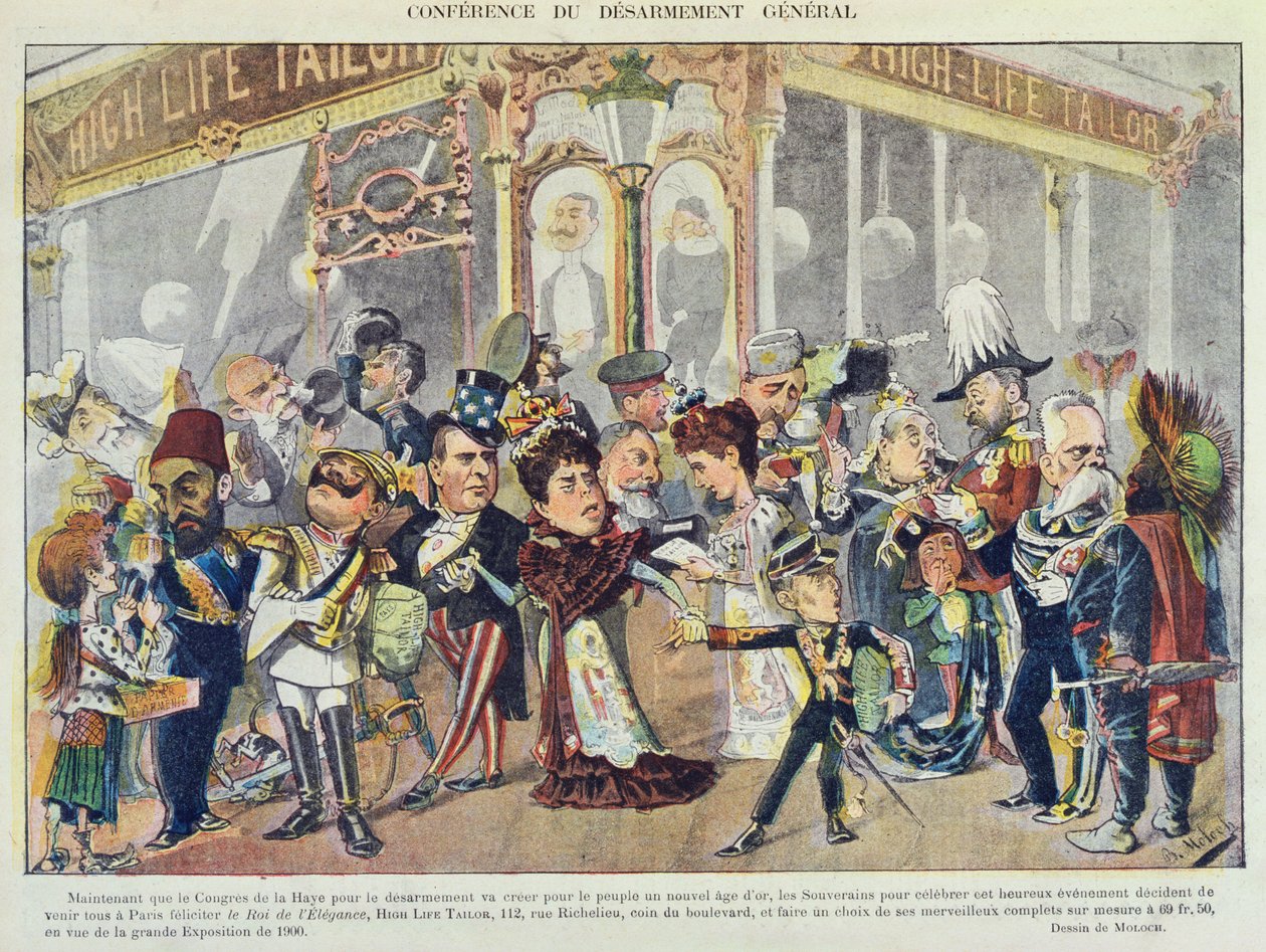 إعلان عن تجار ملابس باريسيين يشيرون إلى مؤتمر لاهاي الأول للسلام عام 1899 ، من مجلة Le Rire ، 1899 بواسطة الطاغوت