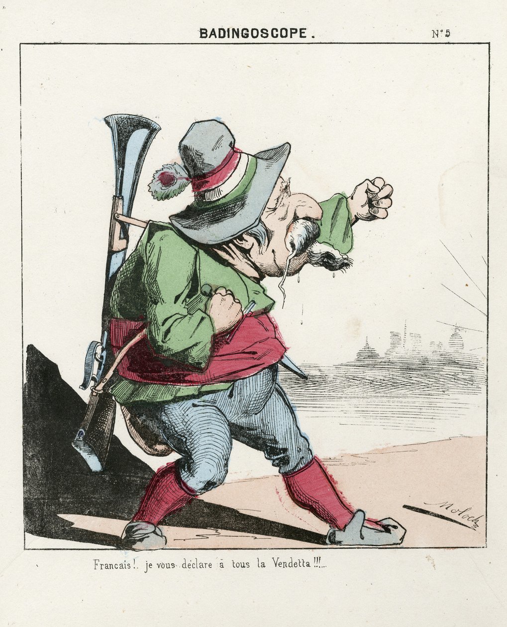 الورقة الطائرة ، رقم 5 ، ساخرة بالألوان ، حوالي 1870: Badingoscope - Commune of Paris / War / Siege ، Hunt ، رئيس الجمهورية - Napoleon III - رسم من Moloch (1849-1909) بواسطة الطاغوت