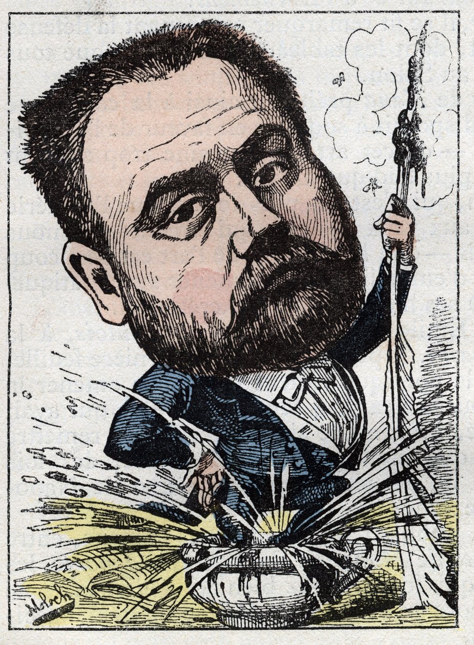 صورة لإميل زولا (1840-1902) الكاتب الفرنسي في "Le Trombinoscope" لتوشاتوت ، رسم كاريكاتوري بقلم ب. مولوك عام 1882 (1849-1909). مجموعة خاصة. بواسطة الطاغوت