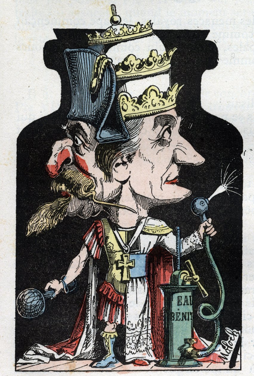 Allegorie du Concordat (علامة بين بيوس السابع وبونابرت) عام 1801 يمثلها مولوخ كجهاز ضغط مع نابليون الثالث والبابا بواسطة الطاغوت