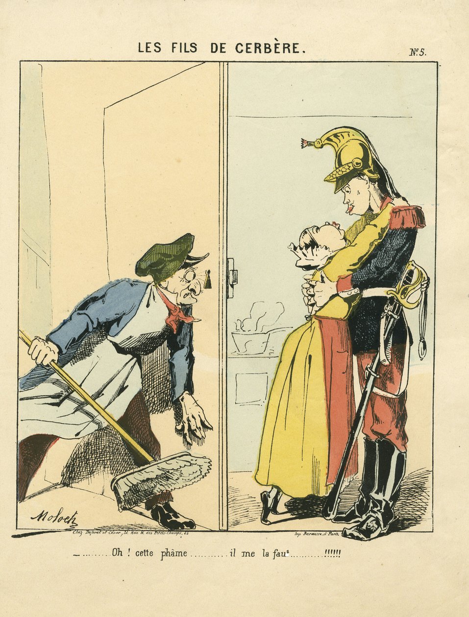 الورقة الطائرة ، رقم 5 ، ساخرة بالألوان: Les fils de cerbere - Commune de Paris / War / Siege ، Amour - رسم لمولوخ (1849-1909) بواسطة الطاغوت