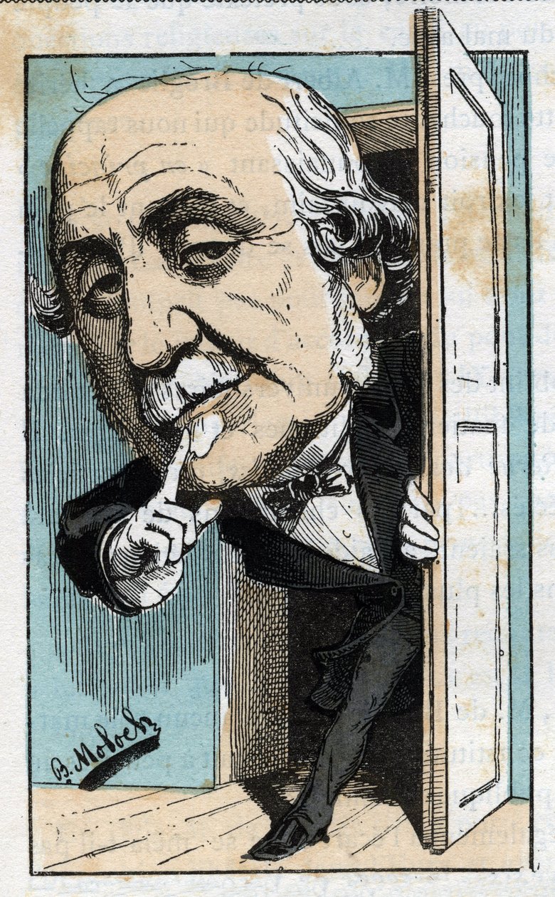 صورة لألبرت ، دوق بروجلي (1821-1901) ، مؤرخ وسياسي فرنسي في "Le Trombinoscope" بواسطة توشاتوت ، رسم كاريكاتوري بقلم ب. مولوك عام 1882 (1849-1909). مجموعة خاصة. بواسطة الطاغوت