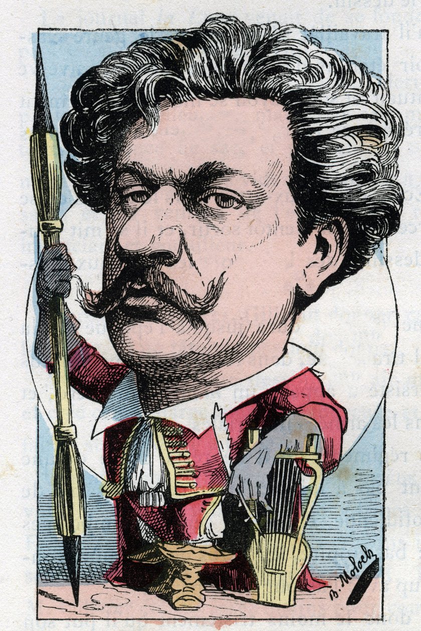 صورة لويس ألكساندر جوسيه دي غوينس لأندريه جيل (1840 - 1885) رسام شاعر فرنسي في "" Le Trombinoscope "لتوشاتوت ، رسم كاريكاتوري لب. مولوك عام 1882 (1849-1909). مجموعة خاصة. بواسطة الطاغوت