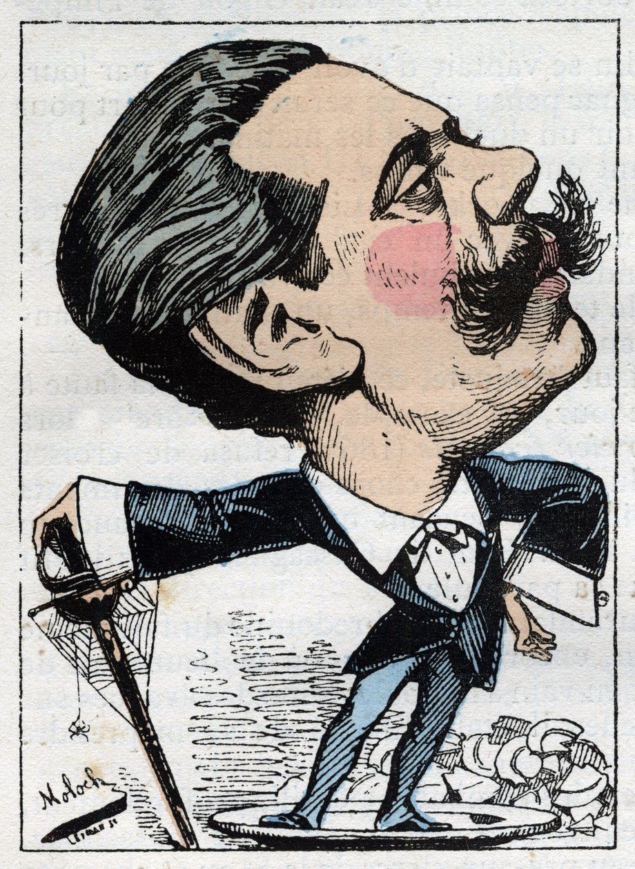 صورة لبول جرانييه دي كاساجناك (1842-1902) ، صحفي سياسي فرنسي في "Le Trombinoscope" بواسطة توشاتوت ، رسم كاريكاتوري بقلم ب. مولوك عام 1882 (1849-1909). مجموعة خاصة. بواسطة الطاغوت