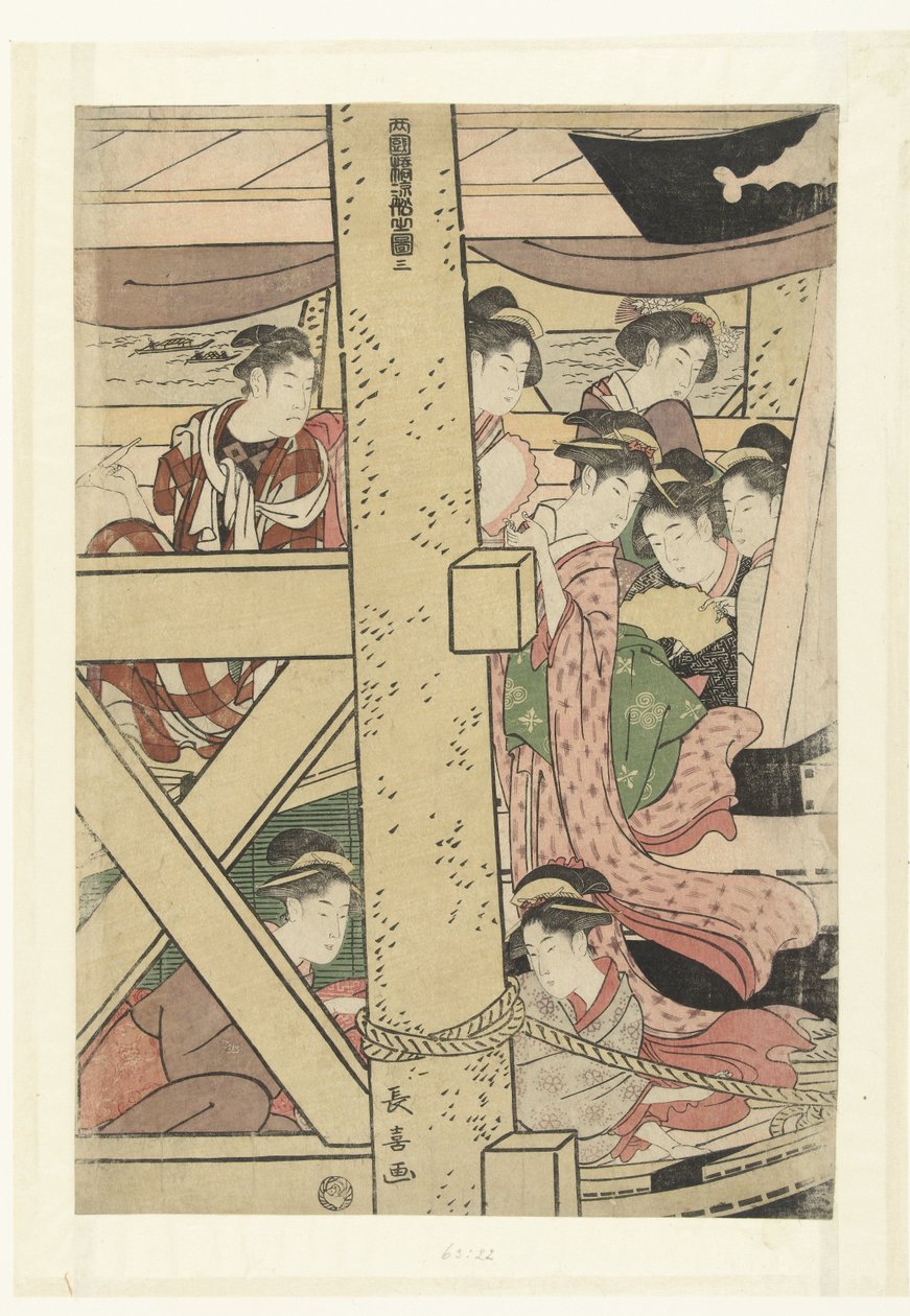 الاستمتاع بالبرودة المسائية على متن قارب في Ryogoku Ryogokubashi suzumibune no zu (العنوان على الكائن) بواسطة موموكاوا تشوكي