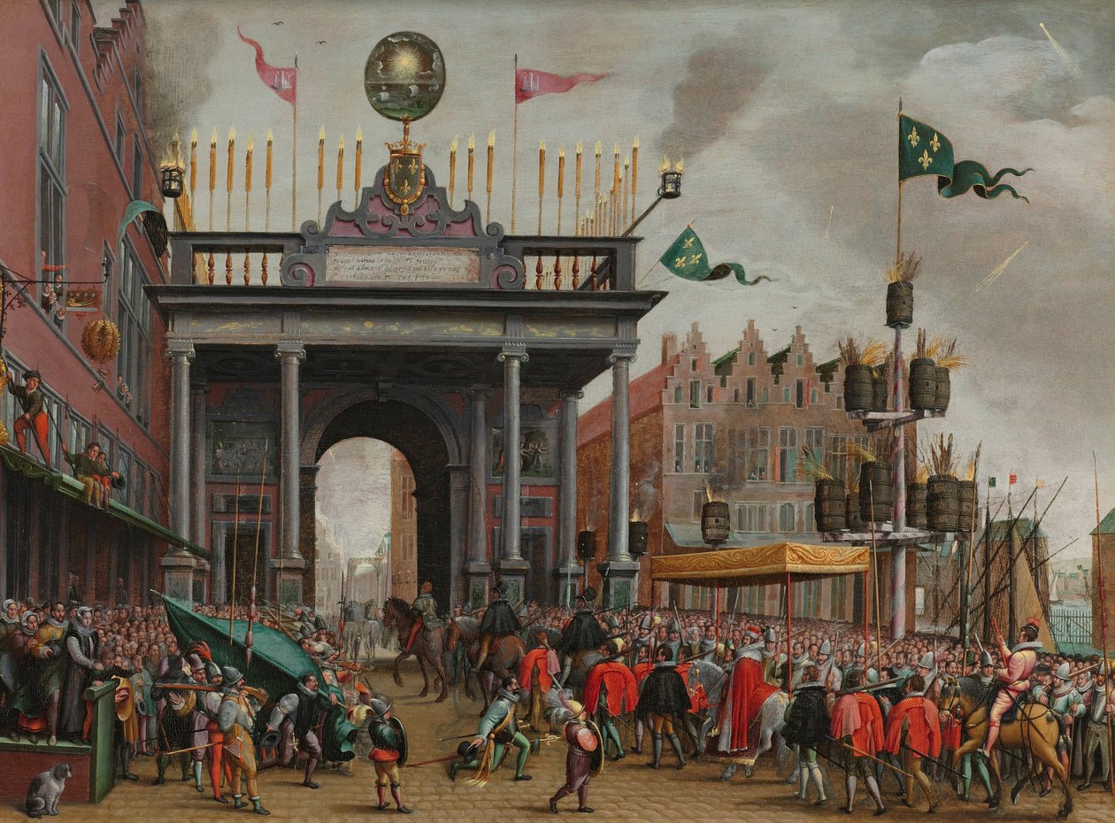 الدخول البهيج لدوق أنجو إلى أنتويرب في 19 فبراير 1582 الدخول البهيج لفرانسوا، دوق أنجو (1556-1584)، إلى أنتويرب مع قوس النصر على جسر سانت جان، 19 فبراير 1582 بواسطة مونوغراميست MHVH