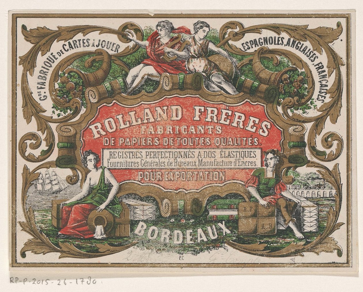 بطاقة عمل لشركة Rolland Frères ، الشركة المصنعة للورق في بوردو بواسطة جهاز كمبيوتر مونوجرامميست (ليثوجراف)