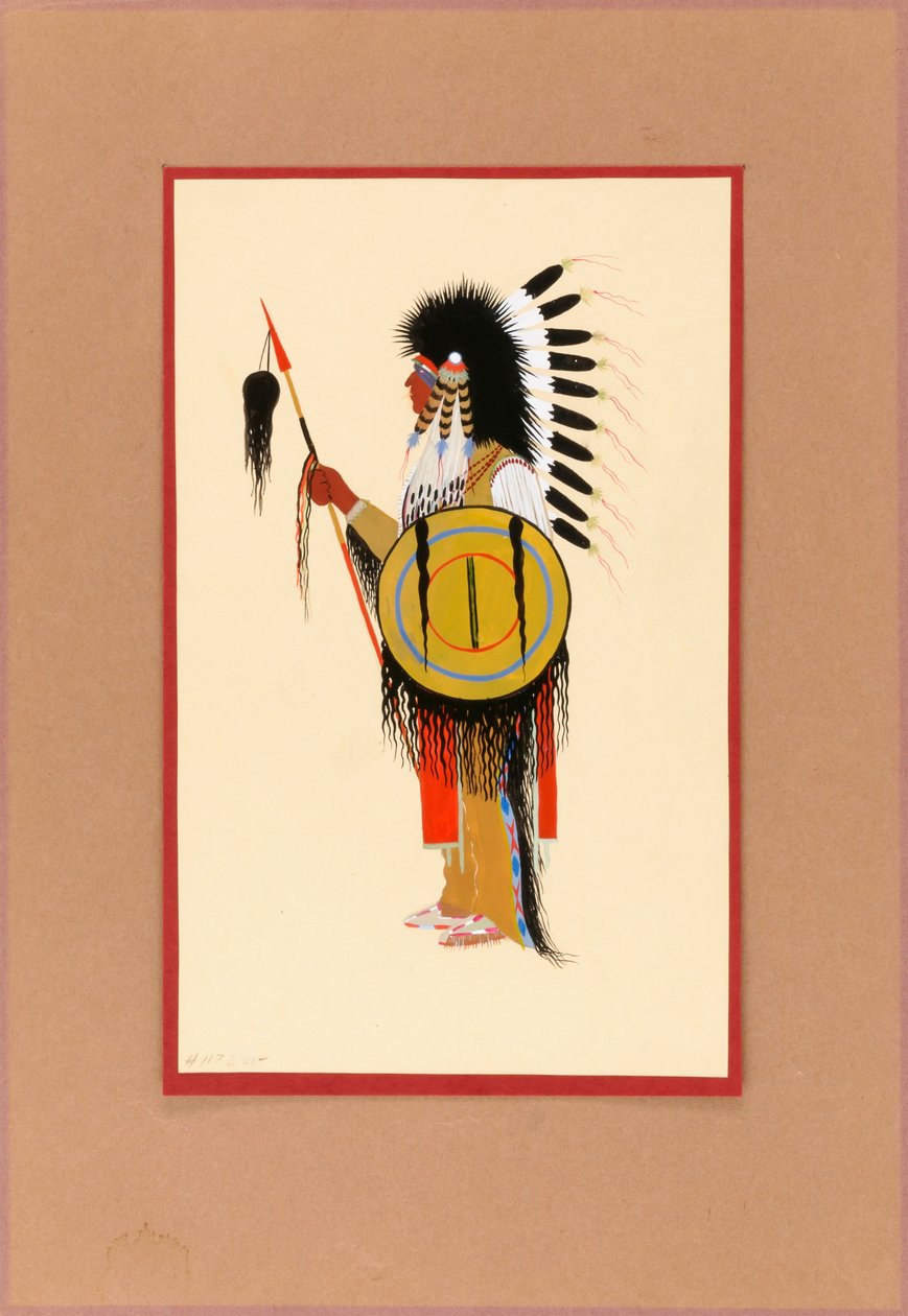 Cheyenne Warrior في غطاء رأس من الريش مع درع ، كاليفورنيا. 1915-1937. بواسطة مونرو تساتوك