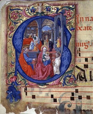 Ms 543 f.114v الأحرف الأولى المؤرخة بـ "S" مع تنصيب مادونا والطفل ، من سفر المزامير ، حوالي 1515 (ورق) بواسطة مونتي دي جيوفاني ديل فورا