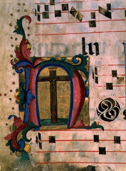 Ms 543 f.121v أول حرف مؤرخ بـ 'N' مع True Cross ، من سفر المزامير ، حوالي 1515 (رق) بواسطة مونتي دي جيوفاني ديل فورا