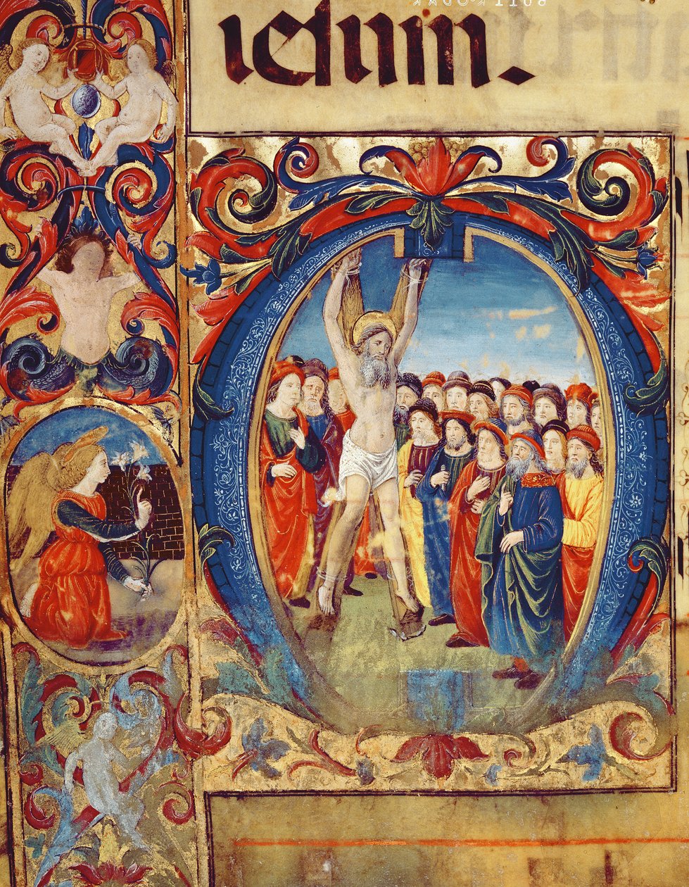 السيدة 543 f.5v O التأريخي الأولي مع صلب القديس أندرو ، من سفر المزامير ، c.1515 بواسطة مونتي دي جيوفاني ديل فورا