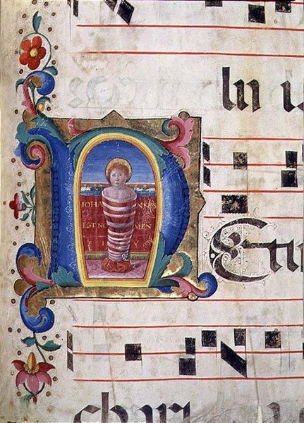 Ms 543 f.74r الأحرف الأولى المؤرخة بـ "N" مع الرضيع يوحنا المعمدان في ملابس التقميط ، من سفر المزامير ، حوالي 1515 (ورق) بواسطة مونتي دي جيوفاني ديل فورا