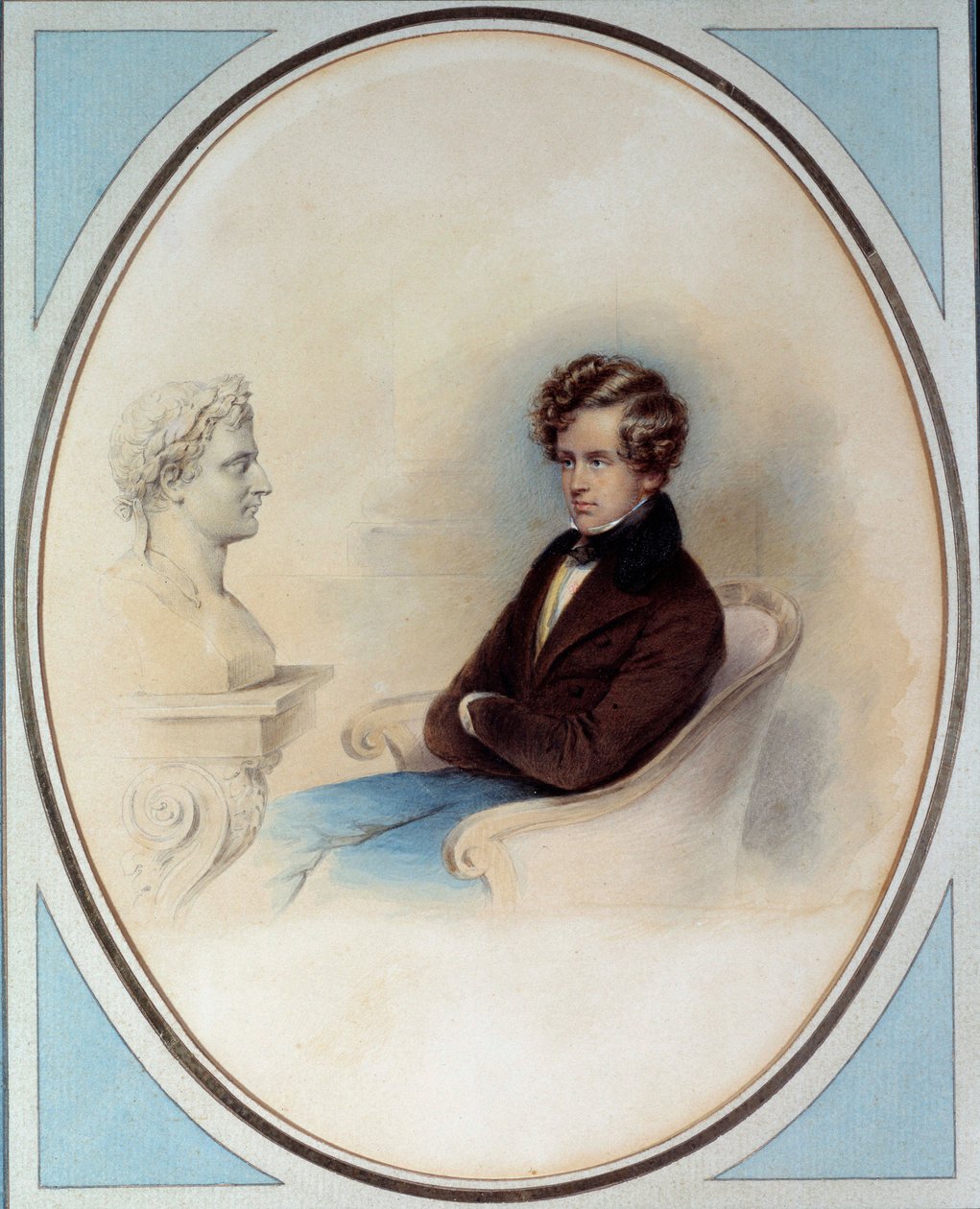 صورة لملك روما نابليون الثاني ، دوق رايششتات (1811-1832) ، ابن الإمبراطور نابليون الأول (1769-1821) ، أمام تمثال نصفي لوالده طباعة موريتز مايكل دافينجر (1790-1849) مجموعة خاصة من القرن التاسع عشر بواسطة موريتز مايكل دافينجر