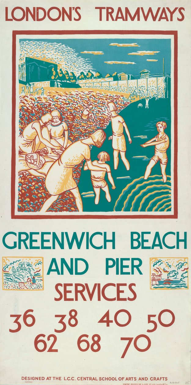 "Greenwich Beach and Pier" ، ملصق مجلس مقاطعة لندن LCC Tramways ، 1925 بواسطة موريس كيستلمان