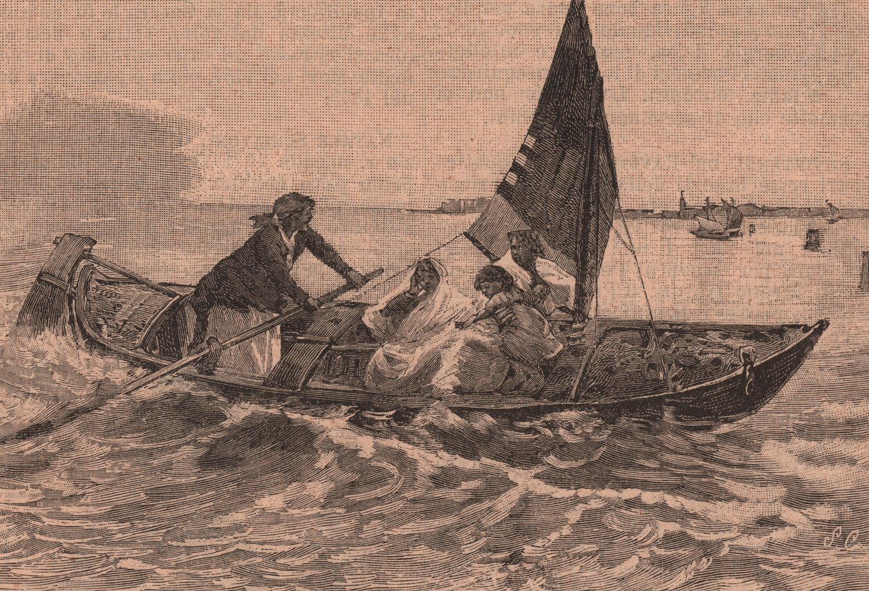 عبور البحيرة ، رسم لموس بيانكي (1836-1892) ، كيودجا ، فينيتو ، إيطاليا ، نقش خشبي من Le cento citta d