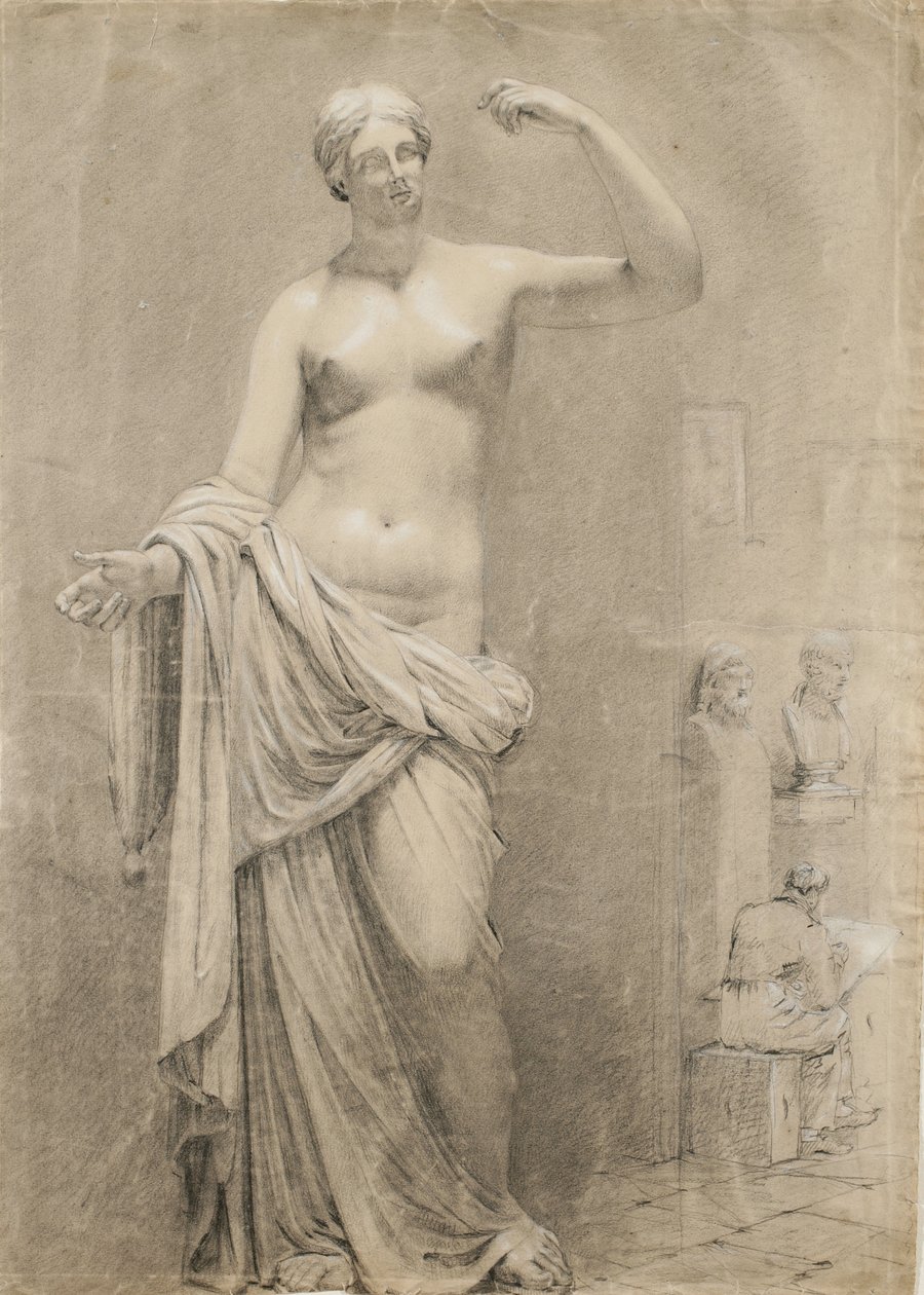 Cast of Venus with student sketching in background (black chalk with white heightening on paper) بواسطة موسلي دانفورث