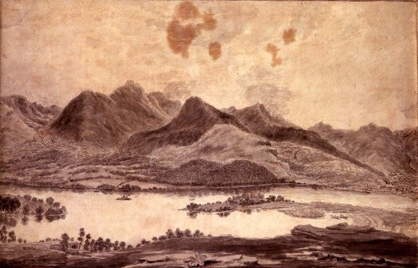 منظر بانورامي لديروينتووتر ووادي كيسويك ، تفاصيل الطرف الشمالي لمياه ديروينت ، حوالي 1772 (قلم رصاص وغسل على ورق) (انظر 92086 و 92088-91) بواسطة موسى (Attr. To) Griffith