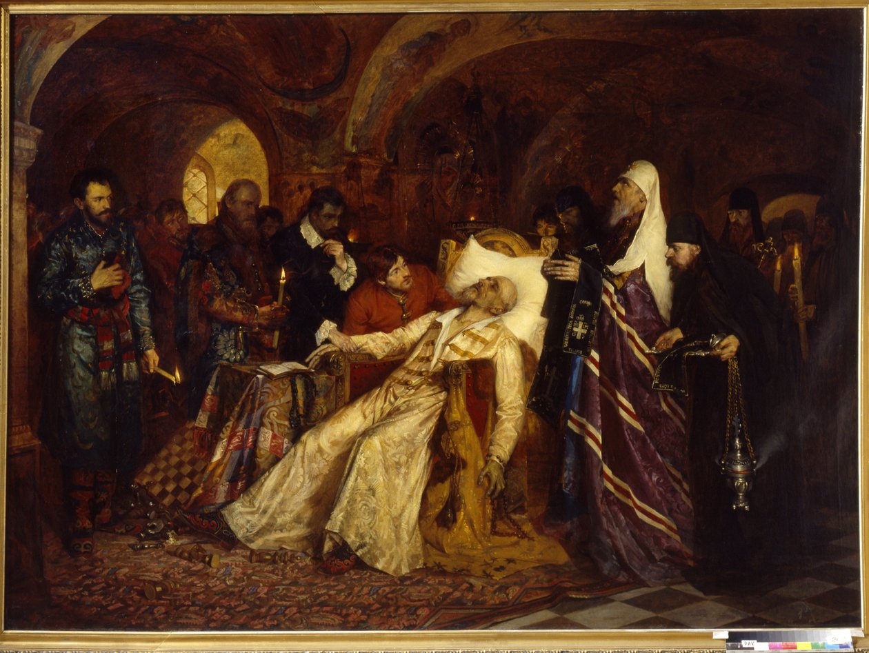 يكرس المتروبوليتان القيصر إيفان الرابع ملك روسيا ، المعروف باسم Le Terrible (1530-1584) (متروبوليتان يكرس القيصر إيفان الرهيب للمخطط العظيم). لوحة مويسي لفوفيتش ميمون (1860-1924) ، زيت على قماش بواسطة موسى ميمون