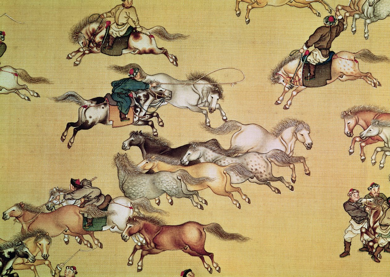 رحلة الإمبراطور تشيان لونغ (1736-1796) التفاصيل من مخطوطة ، أسرة تشينغ (الحرير المطلي) بواسطة مو لان