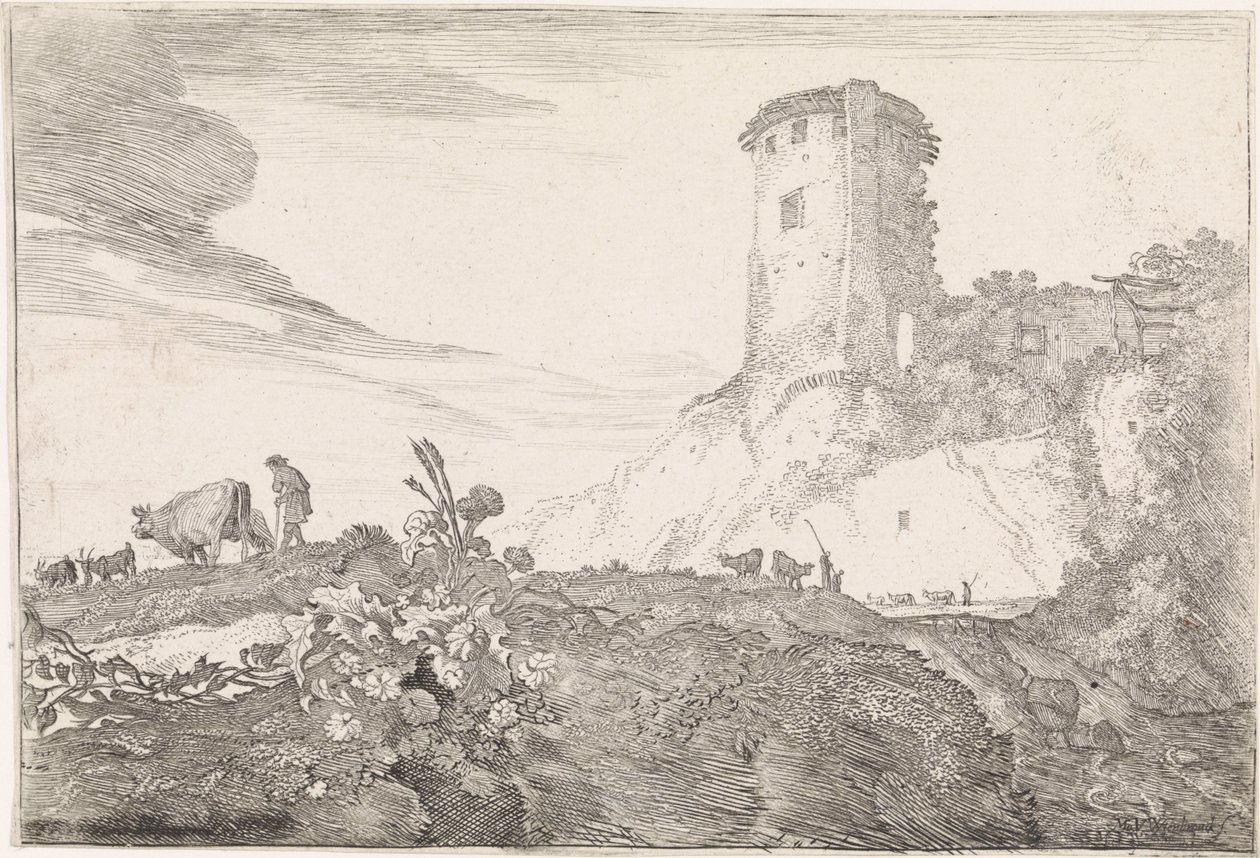 منظر طبيعي مع برج دائري المناظر الطبيعية الأركادية (عنوان السلسلة) بواسطة Moyses van Wtenbrouck