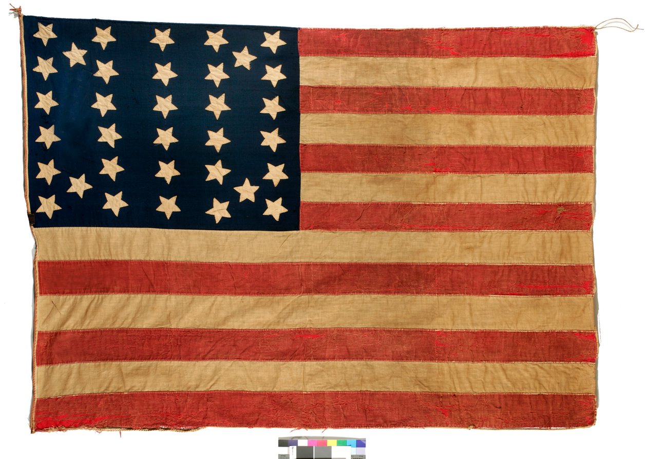 العلم: 34 نجمة أمريكية ، 1861-63 (صوف وقطن) (انظر 398898 للعرض) بواسطة السيدة جون إي فوربس