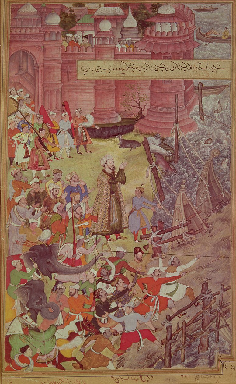 جسر من القوارب التي كسرها أكبر (حكم 1556-1605) على فيله أثناء عبوره نهر جومنا ، من أكبرارناما ، ج .1590 ، الصفحة اليمنى من صفحة مزدوجة (انظر 99482) بواسطة مدرسة موغال