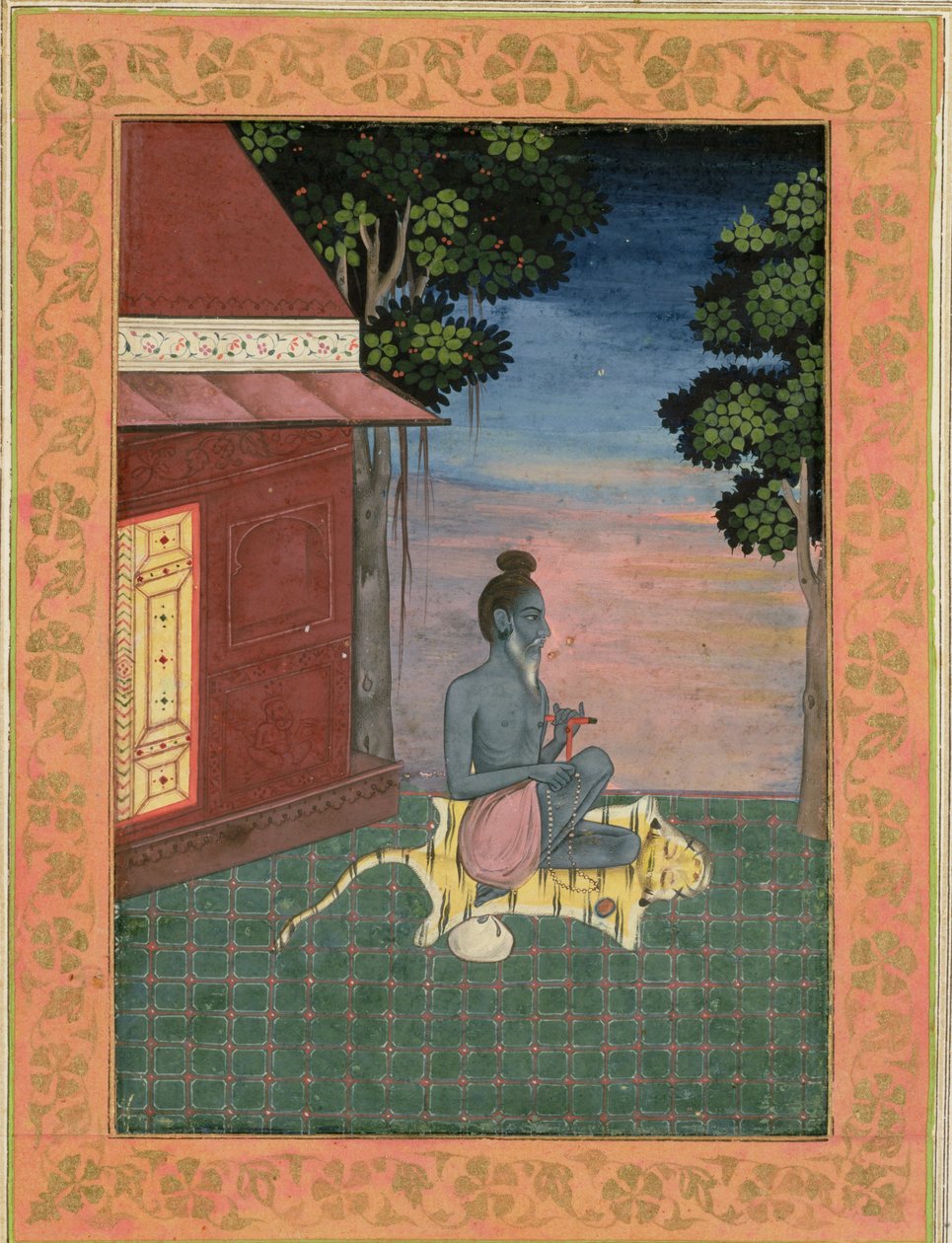 زهد مسن جالس على جلد نمر خارج مبنى ، من ألبوم Clive الكبير ، 1670 بواسطة مدرسة موغال