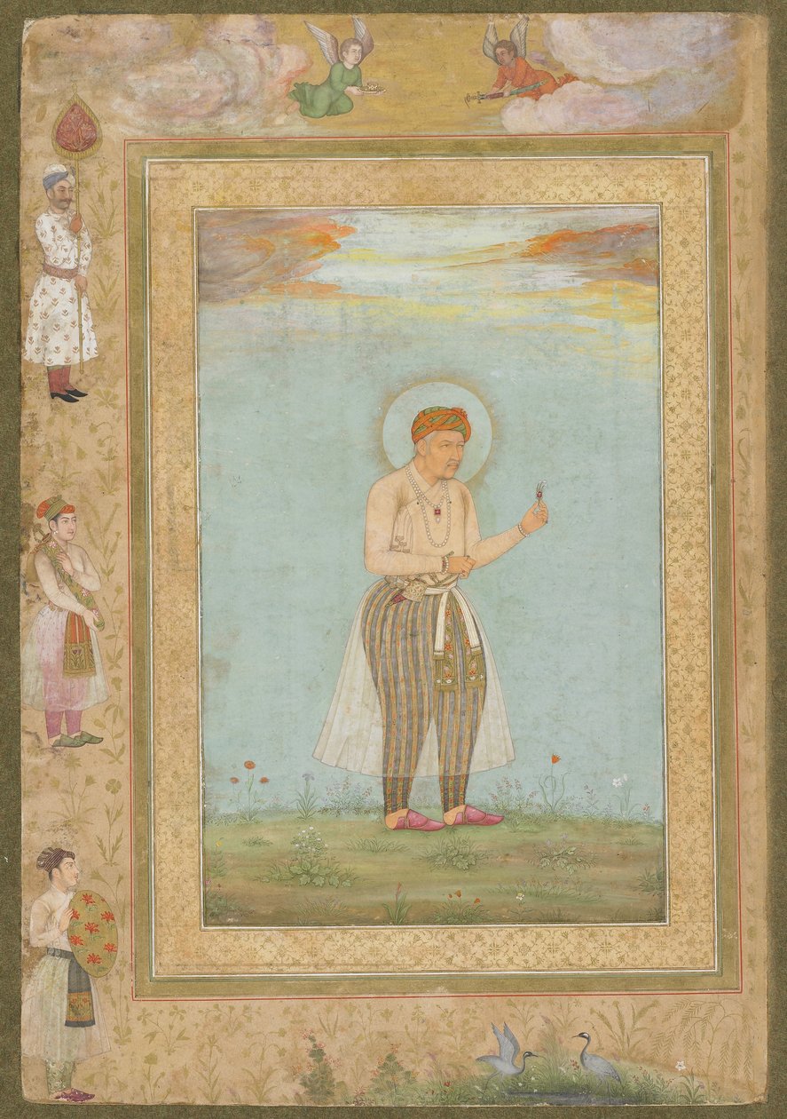 أكبر مع Sarpech ، من ألبوم شاهجاهان الراحل ، ورقة مخطوطة منفصلة ، ج .1650 بواسطة مدرسة موغال