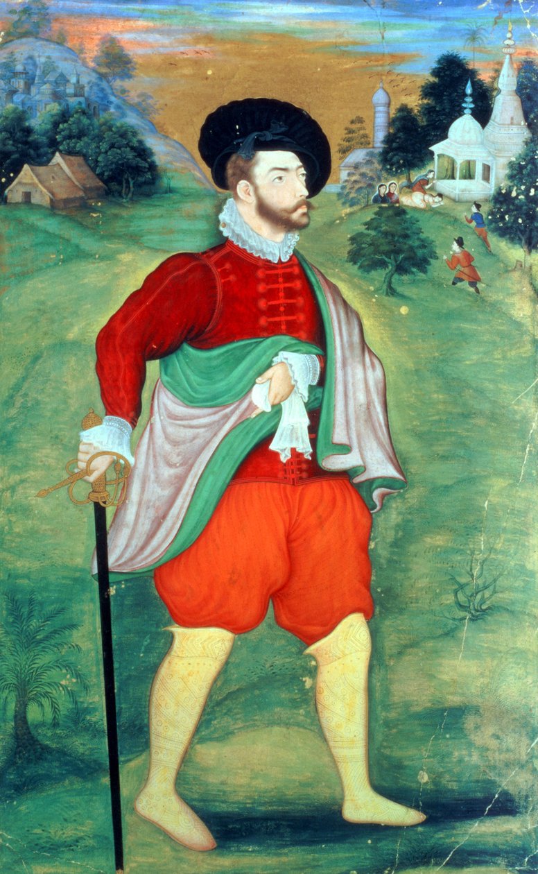 أوروبي في الهند ، c.1556-1605 (ألوان مائية غير شفافة وذهب على ورق) بواسطة مدرسة موغال