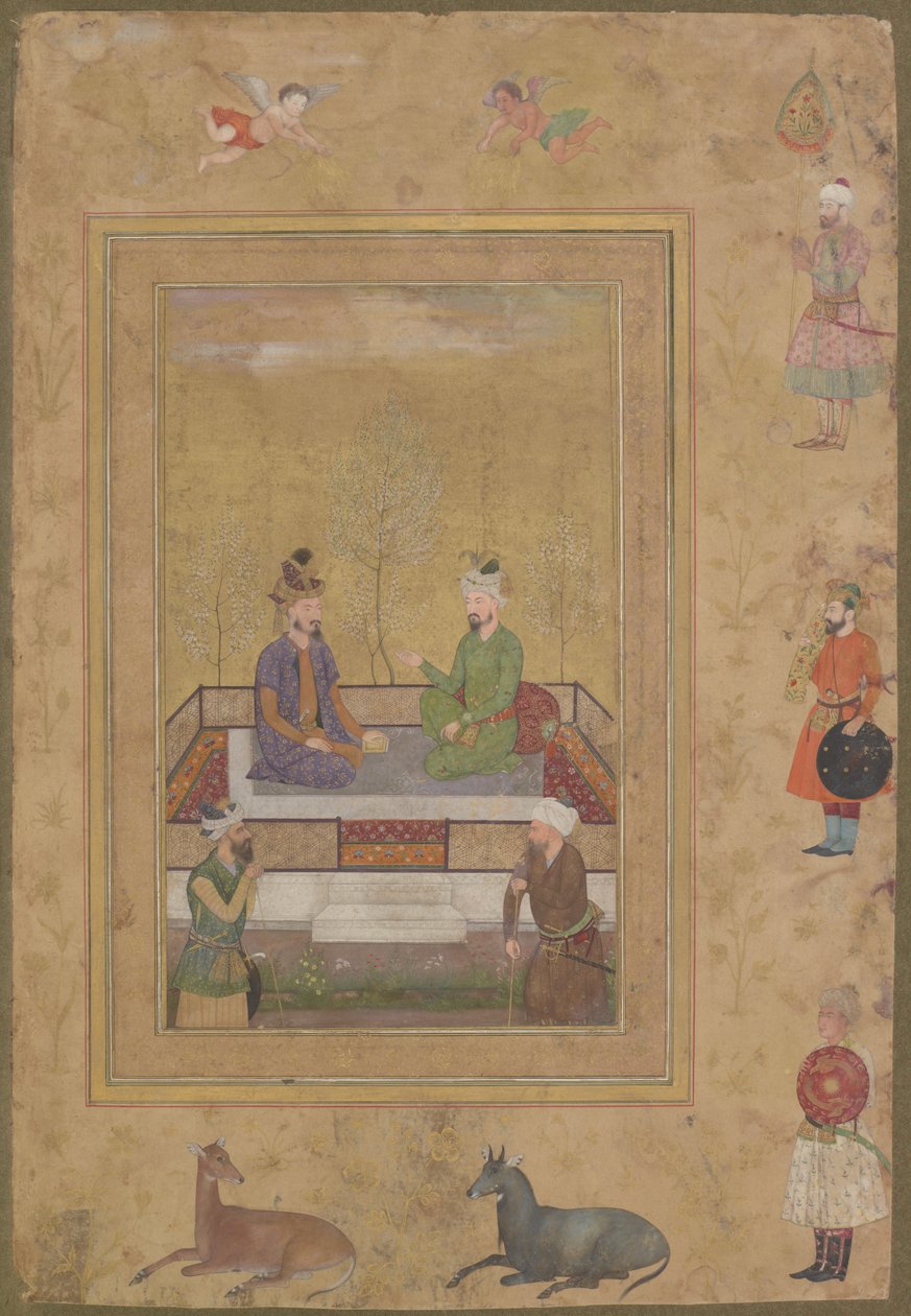 بابور وحميون مع كورتييه ، من ألبوم شاه جهان الراحل ، ورقة مخطوطة منفصلة ، c.1640 بواسطة مدرسة موغال