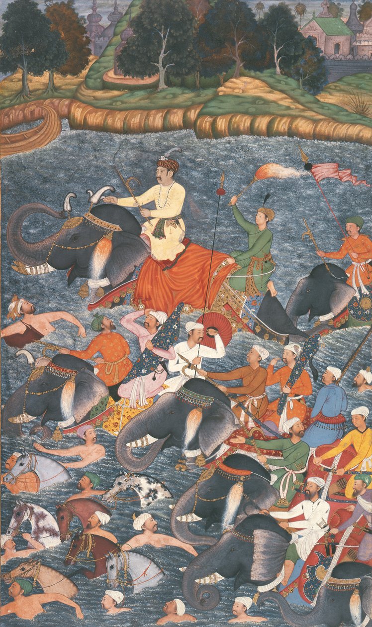 الإمبراطور أكبر (حكم 1556-1605) يعبر نهر الغانج في عام 1567 ، من `` أكبرناما &39;&39; الذي صنعه أبو الفازي ، 1590-1598 (مرحاض غير شفاف وذهب على الورق) بواسطة مدرسة موغال