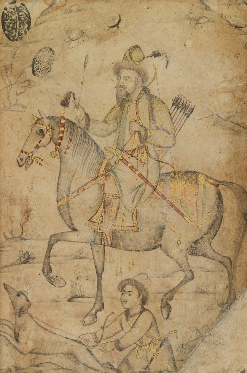 صياد على حصان ، c.1600 (حبر ومرحاض على الورق) بواسطة مدرسة موغال