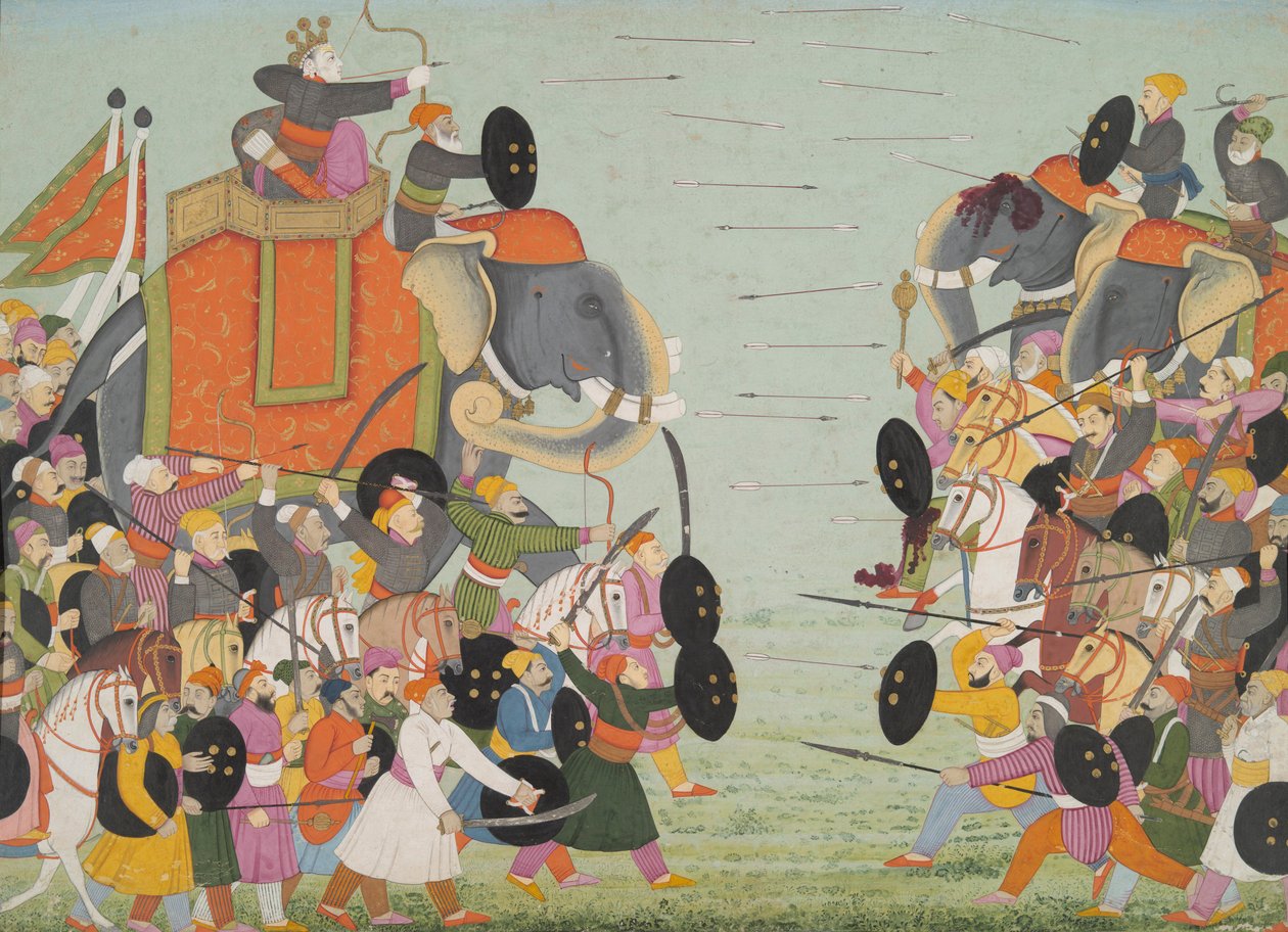 رسم توضيحي من سلسلة Bhagavata Purana ، الكتاب 10 ، معركة بين Balarama و Jarasandha ، 1760-65 (مرحاض وذهب على ورق) بواسطة مدرسة موغال