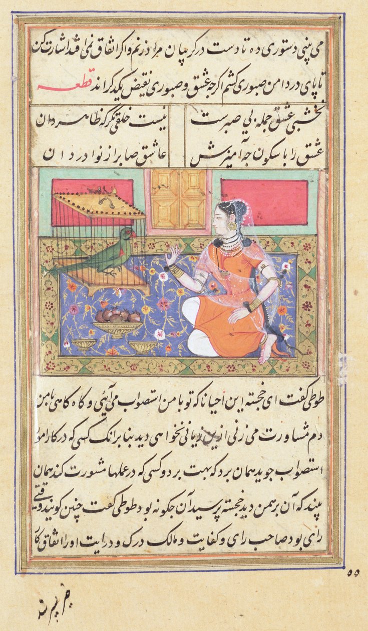 Kjujista ، زوجة التاجر ، تتحدث إلى ببغاء ، وخط وتوضيح من "Tuti&39;nama" ، أو "Tales of a Parrot" (الغواش على الرق) بواسطة مدرسة موغال