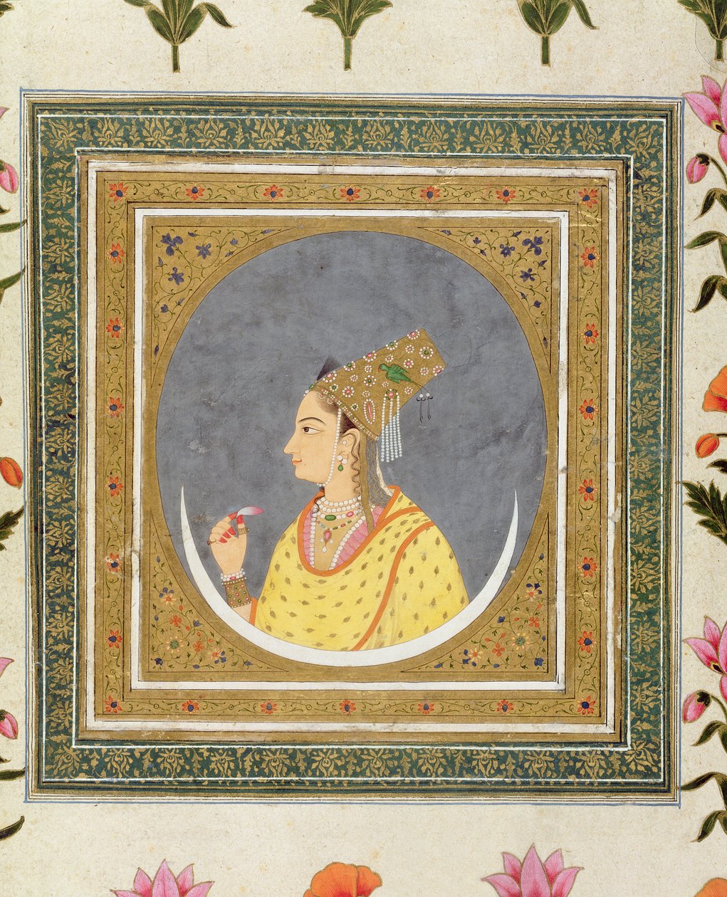 صورة لسيدة تحمل بتلات لوتس ، من ألبوم Clive الصغير ، 1750-60 بواسطة مدرسة موغال
