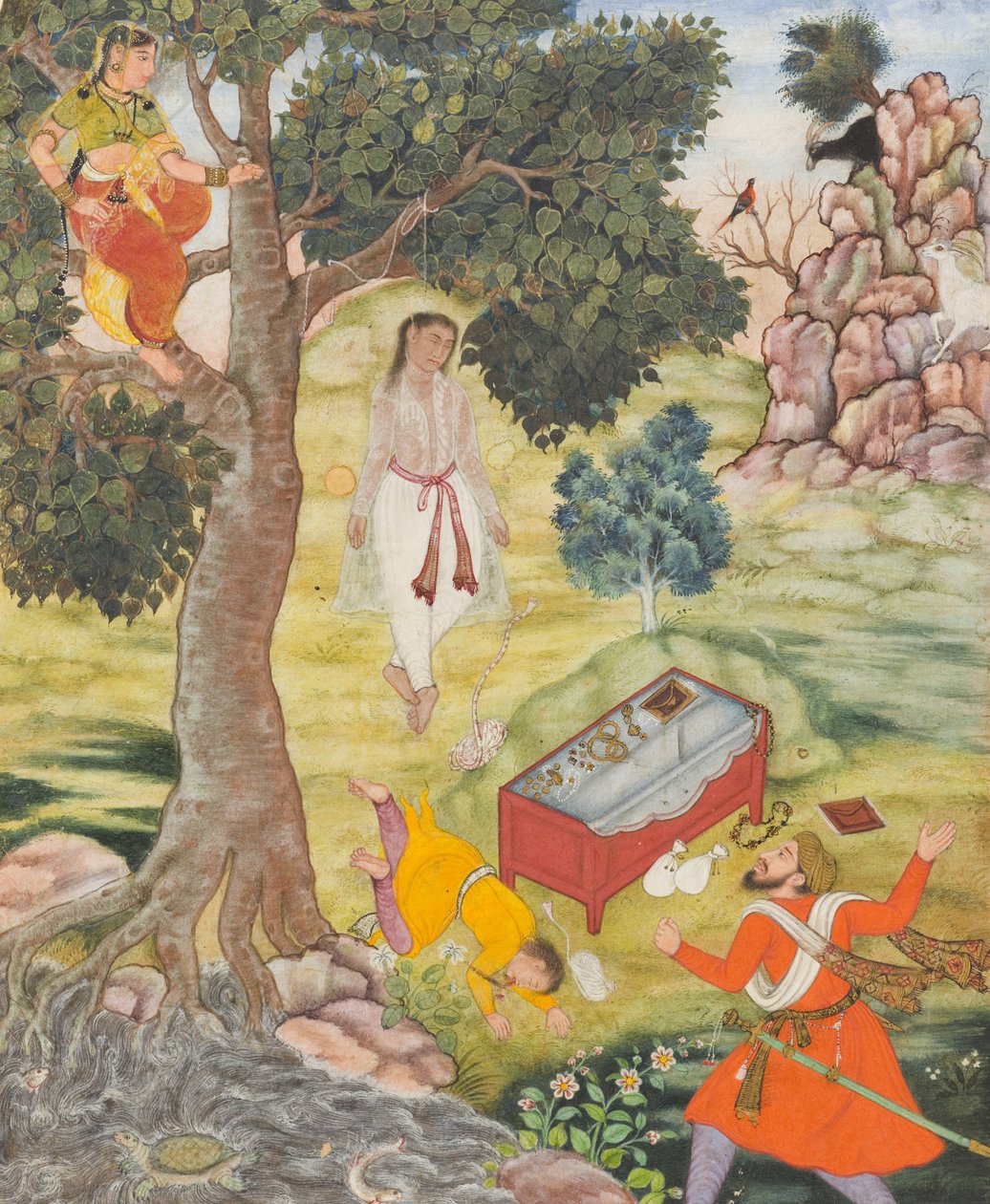 حكاية الماكرة Siddhikari ، c.1590 (ألوان مائية غير شفافة ، ذهب وحبر على ورق) بواسطة مدرسة موغال