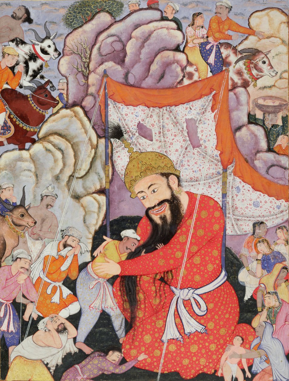 Zumurrud Shah يصل إلى سفح جبل ضخم وينضم إليه Raim Blood-Drinker و Yaqut Shining ، 1557-72 (مرحاض وورق ذهبي على قطن) بواسطة مدرسة موغال