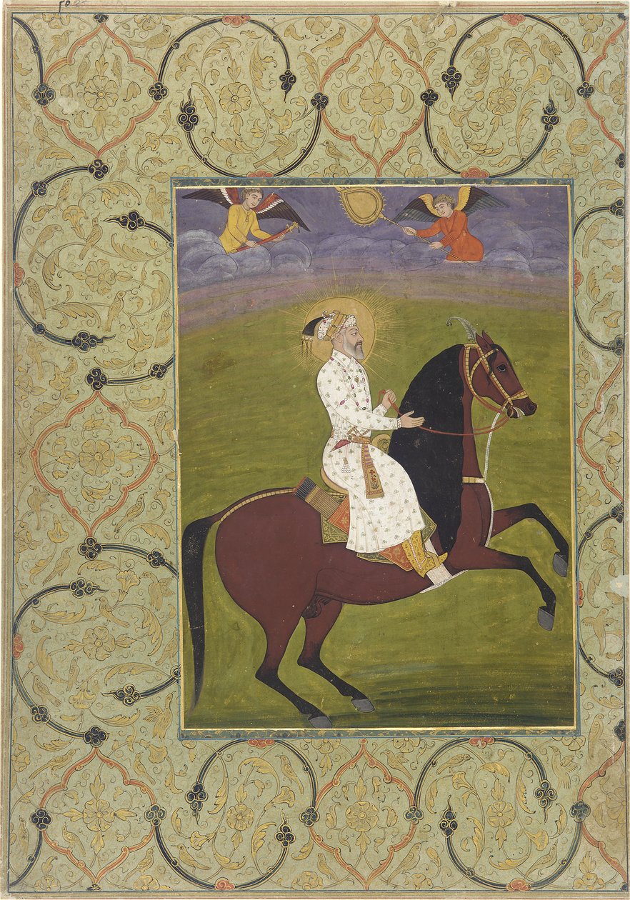 صورة الفروسية لشاهجهان (حكم 1628-58) ، ورقة ألبوم منفصلة ، 1750-1770 (ألوان مائية غير شفافة على الورق) بواسطة مدرسة موغال