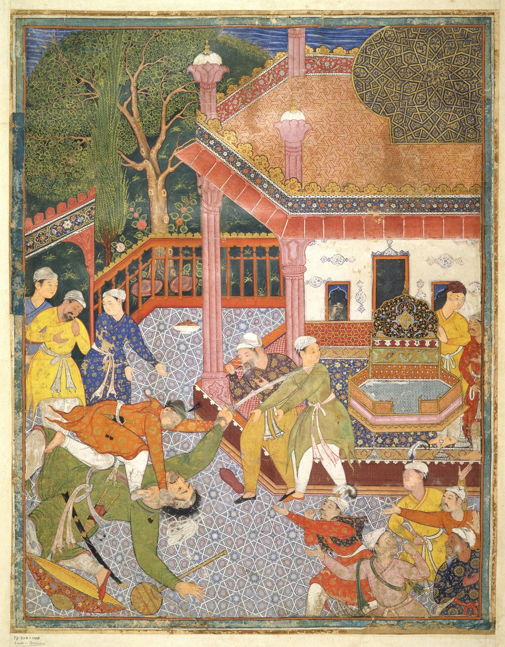 بطل يذبح عملاقًا أمام حشد من المتفرجين في فناء ، صورة من حمزة ناما ، c.1555-67 (لون الجسم على القطن) بواسطة مدرسة موغال