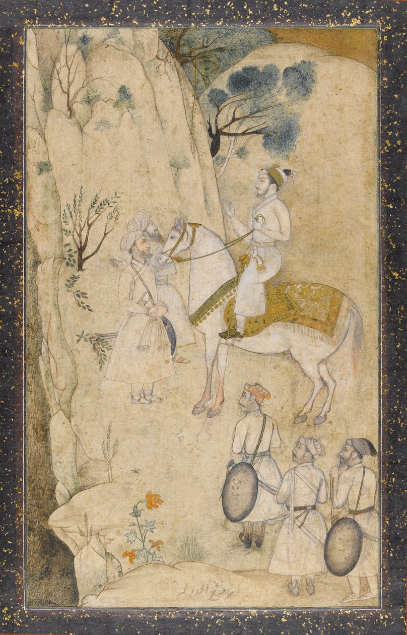 أمير على ظهور الخيل ، مع خمسة مرافقين ، بخصوص شلال (مرحاض بالقلم والحبر والجرافيت والذهب على الورق) بواسطة مدرسة موغال