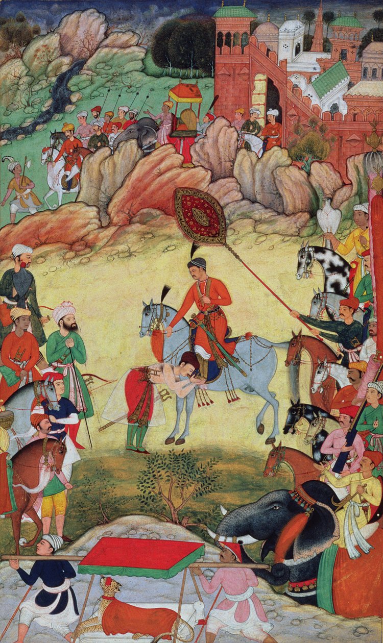 أدهم خان يشيد بأكبر في سارانجبور ، وسط الهند ، عام 1560 أو 1561 ، من أكبارناما ، 1590-1598 بواسطة مدرسة موغال