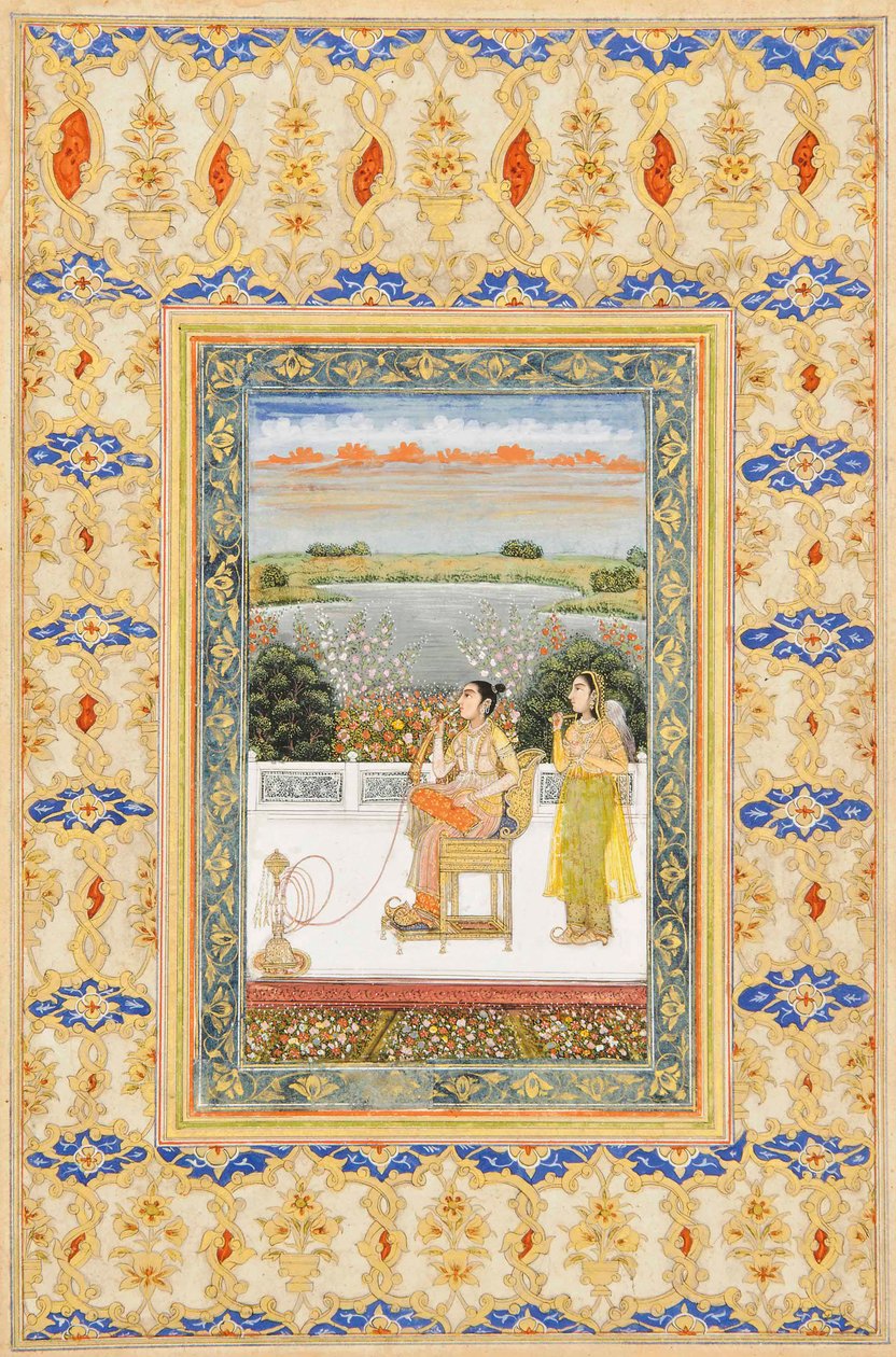 صفحة الألبوم: Gulbadan Begum التدخين على الشرفة ، دلهي ، c.1800 بواسطة مدرسة موغال