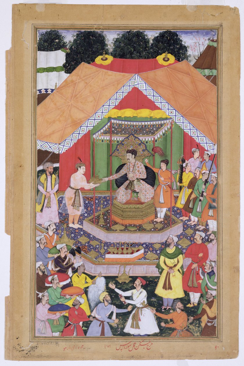 الإمبراطور أكبر (حكم 1556-1605) مستمتعًا بأخيه المتبني عظيم خان في ديبالبور ، البنجاب ، 1571 ، من أكبرارناما الذي صنعه أبو الفازي ، 1590-1598 (مرحاض غير شفاف وذهب على ورق) بواسطة مدرسة موغال