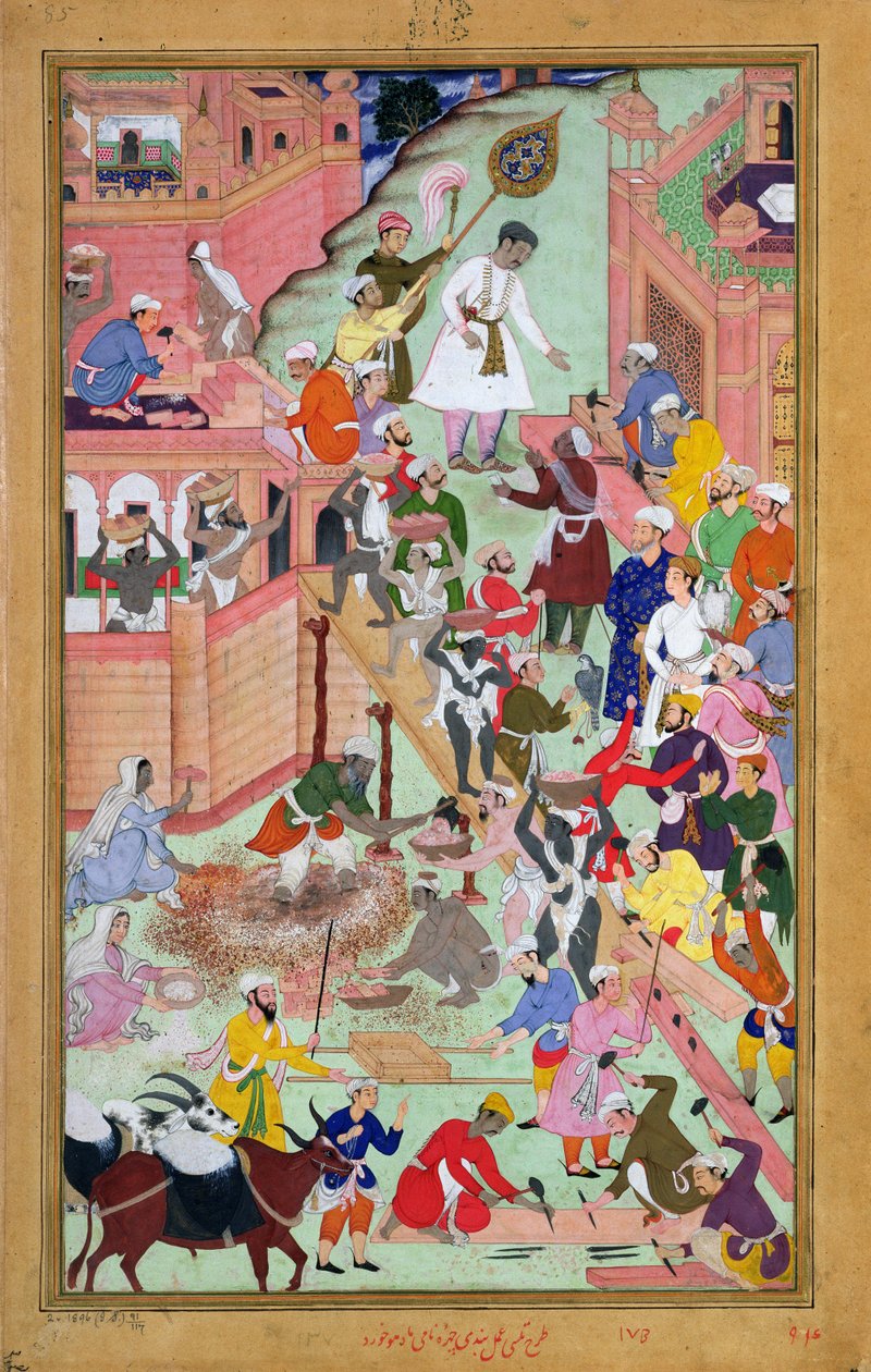 الإمبراطور أكبر (حكم 1556-1605) يتفقد أعمال البناء في فاتيبور سيكري ، المدينة المكتملة 1584 ، من أكبرارناما ، 1590-1598 (مرحاض غير شفاف وذهب على ورق) بواسطة مدرسة موغال