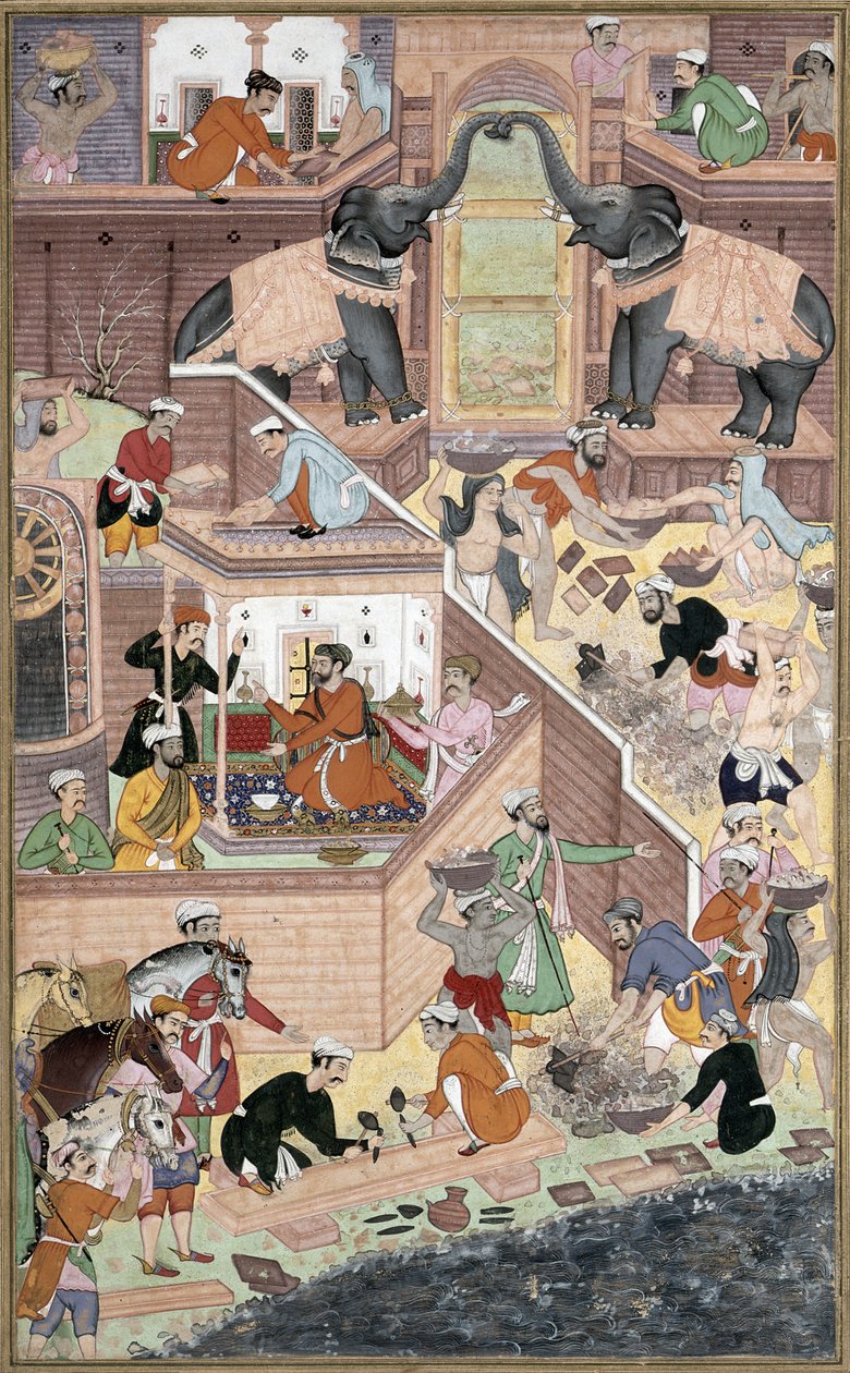 الإمبراطور أكبر (حكم 1556-1605) يتفقد أعمال البناء في فاتيبور سيكري ، من أكبرارناما التي صنعها أبو الفازي ، 1590-98 (مرحاض غير شفاف وذهب على ورق) بواسطة مدرسة موغال