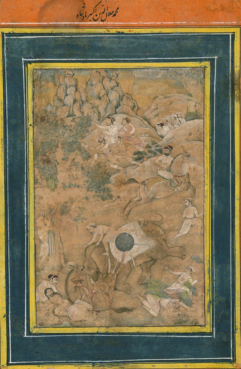 الإمبراطور أكبر يتحكم في فيل أثناء مطاردة ، أوائل القرن السابع عشر (ألوان مائية غير شفافة ، وطلاء ذهبي ، وحبر على ورق) بواسطة مدرسة موغال