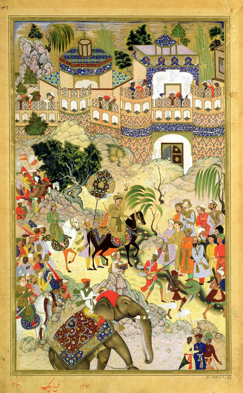 دخول الإمبراطور أكبار المنتصر إلى سورة ، من أكبربراما الذي قام به أبو الفازي (1515-1602) 1590-98 (مرحاض غير شفاف وذهب على ورق) بواسطة مدرسة موغال
