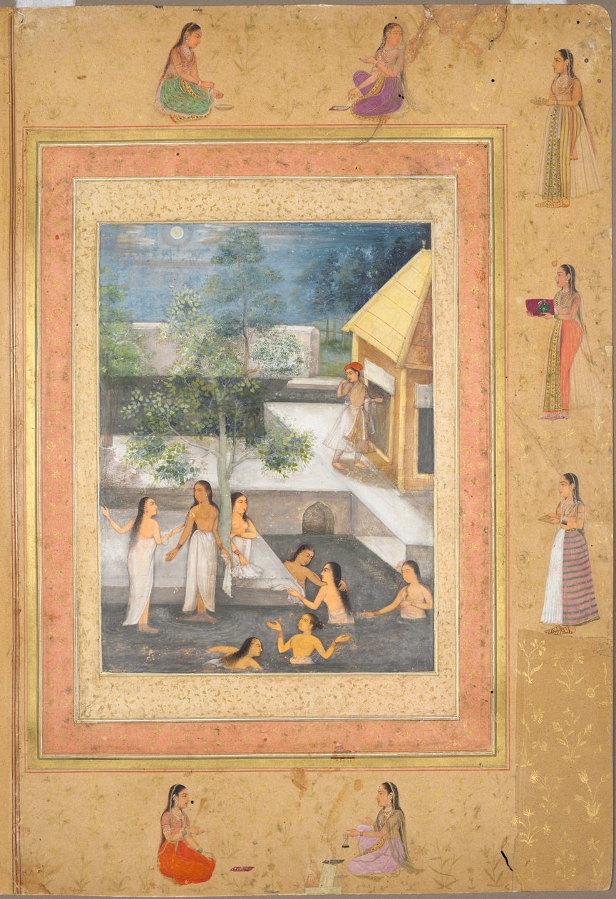مشهد الاستحمام الليلي في الحريم (وجه): الخط مؤطر بحدود زخرفية من الزهور والطيور (ظهر) ، ج. 1650 (حبر ولون على ورق) بواسطة مدرسة موغال