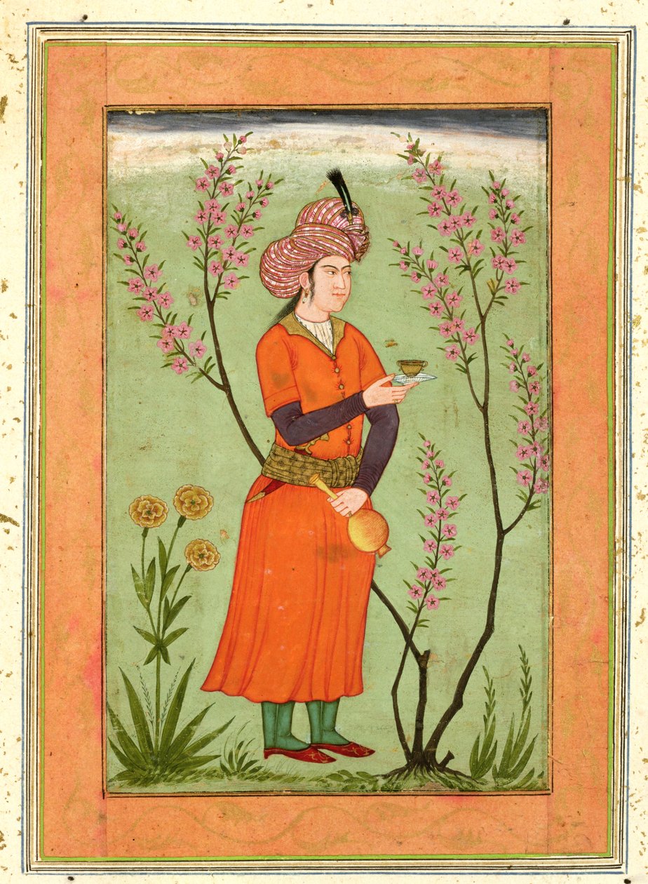 شخصية أميرية إيرانية تحمل كوبًا وقارورة ، 1640 ج ، من ألبوم Clive Album الكبير بواسطة مدرسة موغال